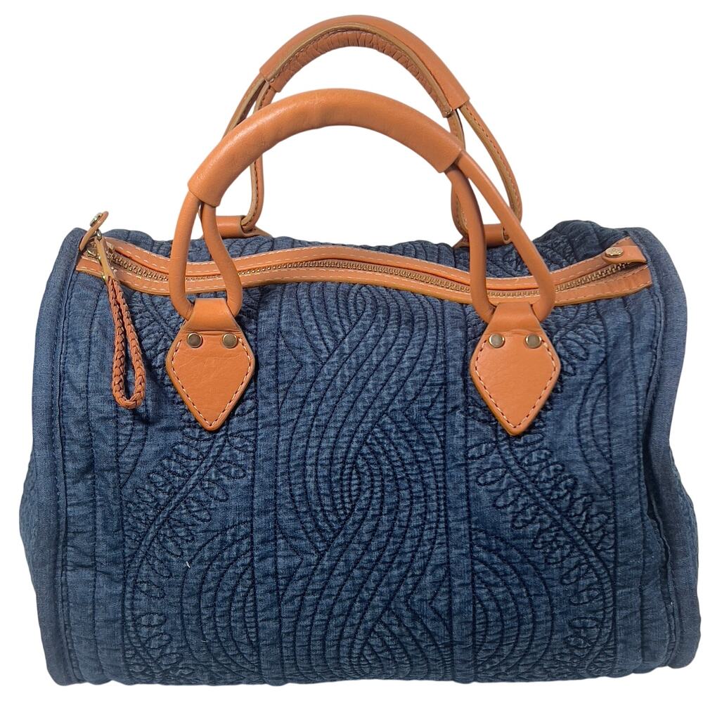 Rebecca Taylor Satchel Duffel Blue Denim Wavy Viny Stitched Pattern Tote